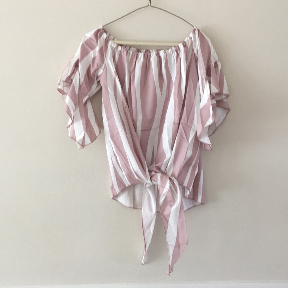 1 LEFT! Pink Stripe Off Shoulder Top W/ Tie Front - Picture 8 of 8